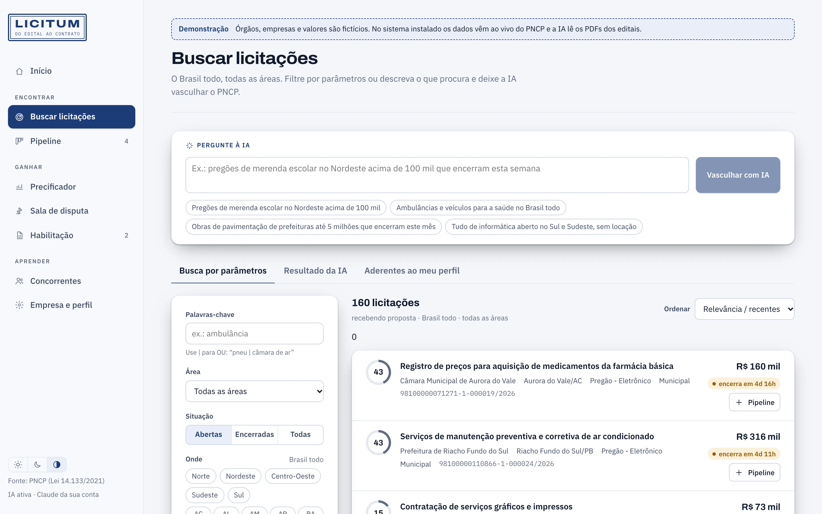 Tela de busca de licitações do Licitum com pergunta à IA